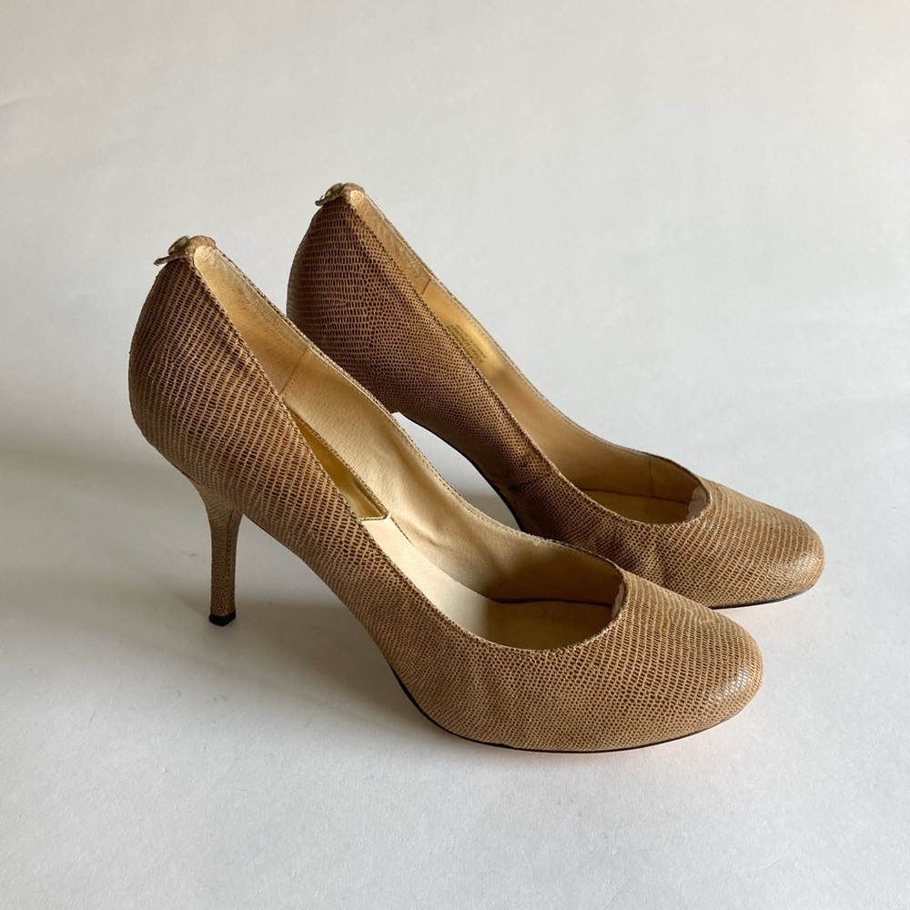 Michael Kors Tan Cream Genuine Leather Lizard Print Round Toe Heels size 9.5